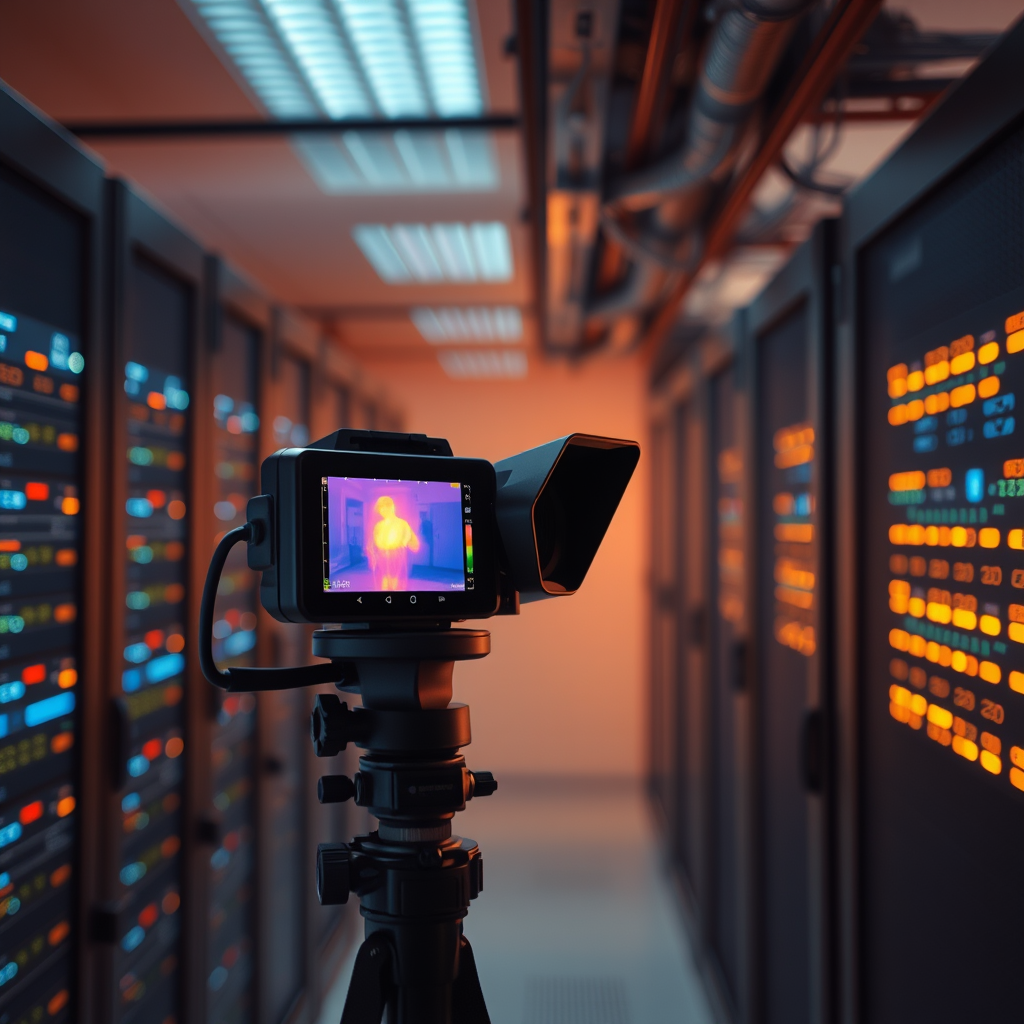 A server room with a video camera and server racks, featuring cutting-edge technology and equipment for storing and proces...